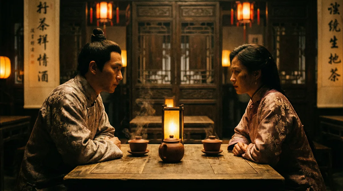 海角古装剧情片拍摄剧照-茶馆对话场景