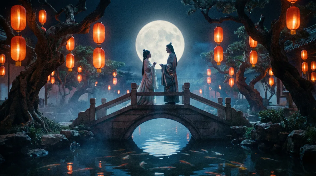 海角古典爱情片拍摄剧照-月下花园场景