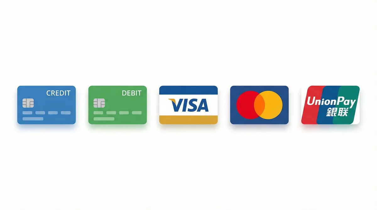 海角支持的支付方式图标-信用卡借记卡银联维萨万事达